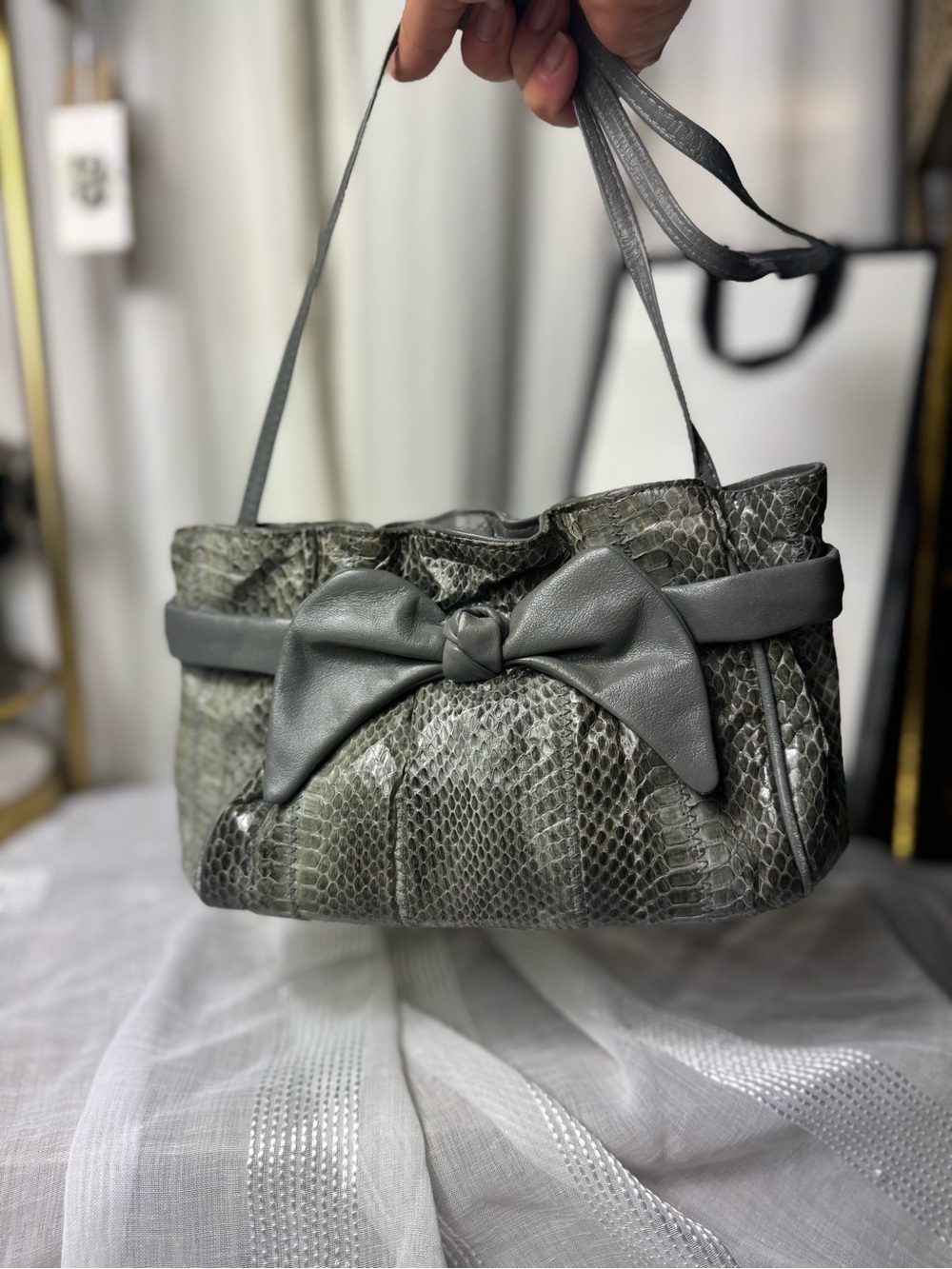 Vintage 80 90s Bags by Sylvia Cee Grey Bow-Accent Snake skin Shoulder Bag